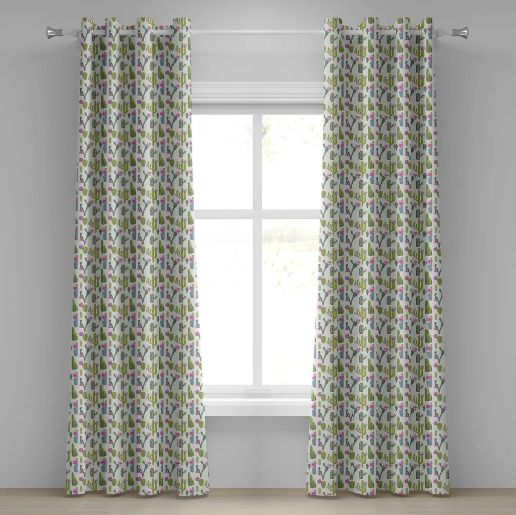 ABAKUHAUS Tenda esotica con occhielli, motivo Saguaro San Pedro Cactus-Rebutia-Deserto fiorito-Natura selvaggia, tende decorative a 2 pannelli, 280 cm x 225 cm, verde lime blu-grigio
