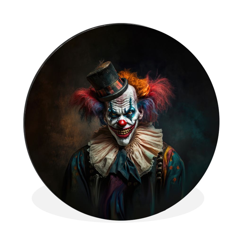 MuchoWow Aluminium Wandkreis Clown - Hut - Kragen - Porträt - Killerclown Ø 60 cm Wanddeko Modern Wohnzimmer - Wand Kreis - Wandbild - Schlafzi...