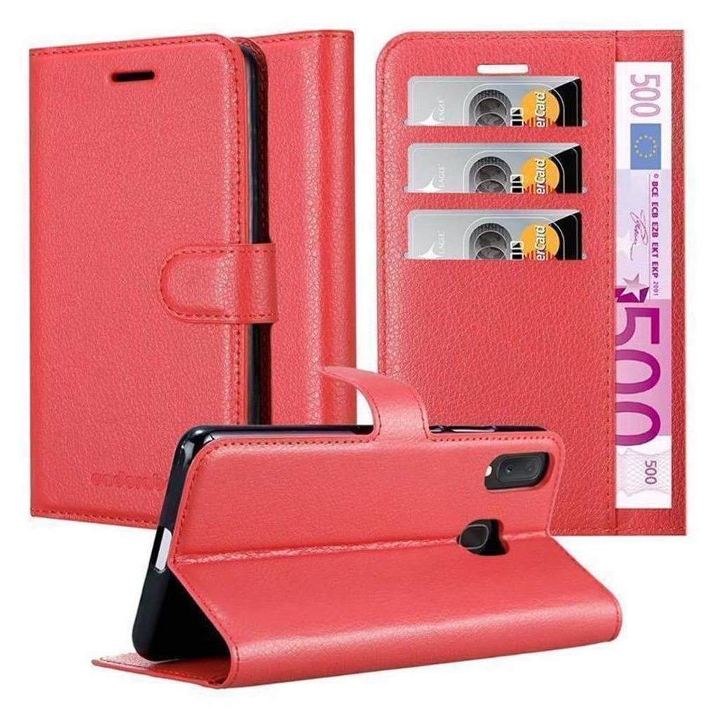 A red flip case for a smartphone, showing the inside with card slots and a banknote.