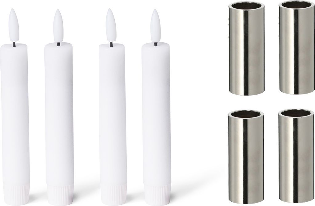 Novaliv 2er-Set Stabkerzenhalter SILBER 2,5x5cm mit LED-Kerzen batteriebetrieben Flammenlos Premium Stabkerze Weihnachtsdekoration candle holder Ma...