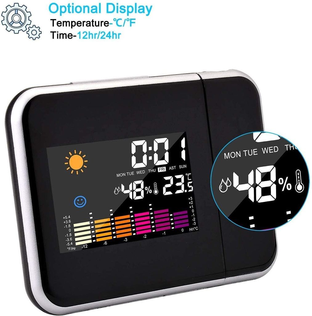 LCD Display Wecker mit Projektion Snooze Datum Temperaturanzeige Alarm Tischuhr 