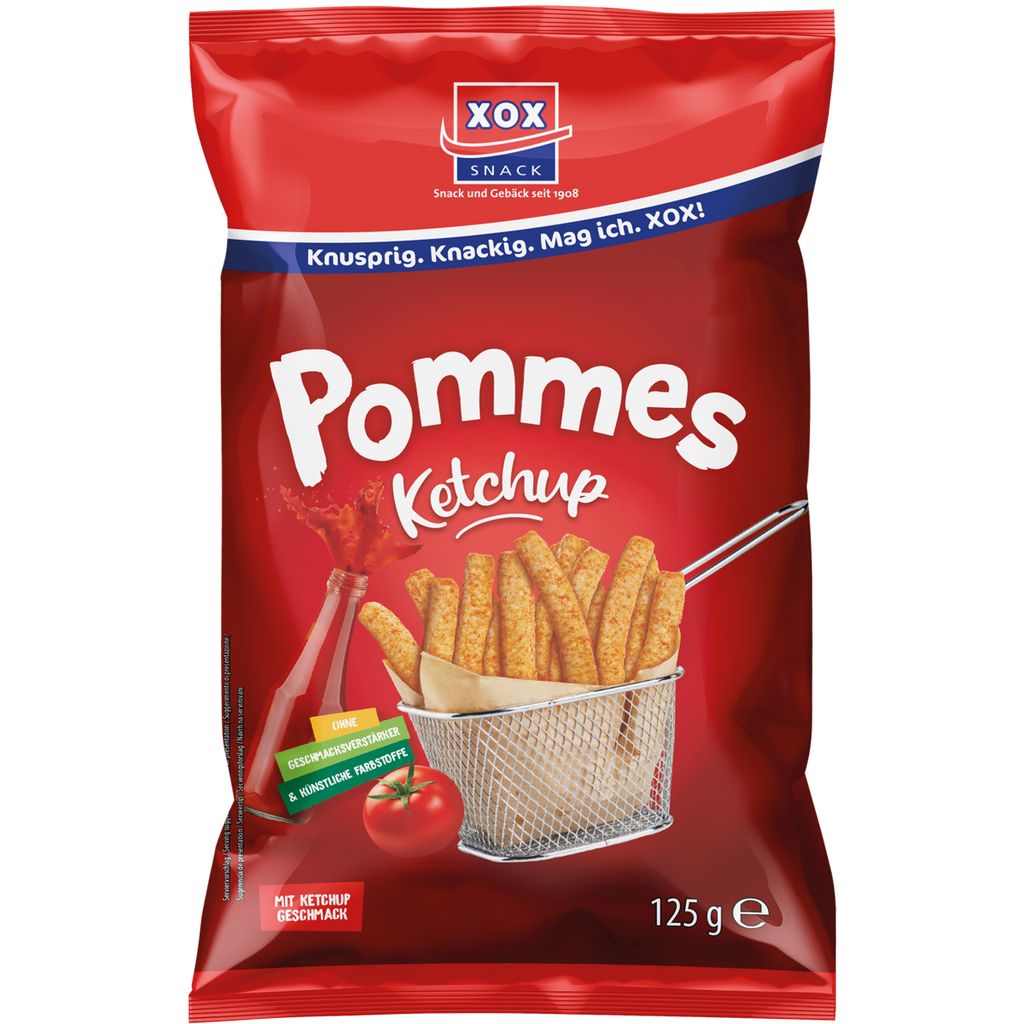 Verpackungsbild XOX Pommes Snack Ketchup knuspriger Kartoffelsnack mit Tomatengeschmack 125g