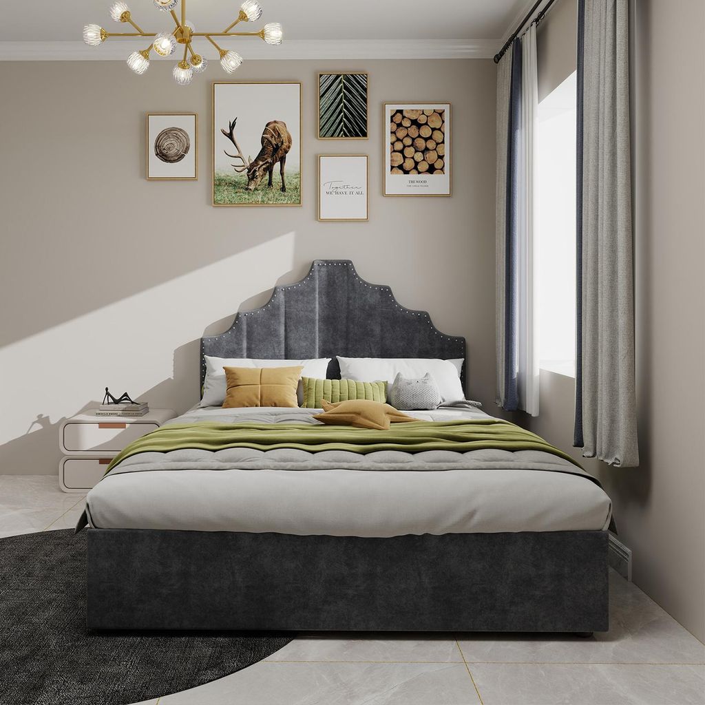 Sweiko Modern minimalist soft bed, comfortable and soft headboard, 140x200CM, gray, multifunctional bedroom furniture, high box bed body with pneum...