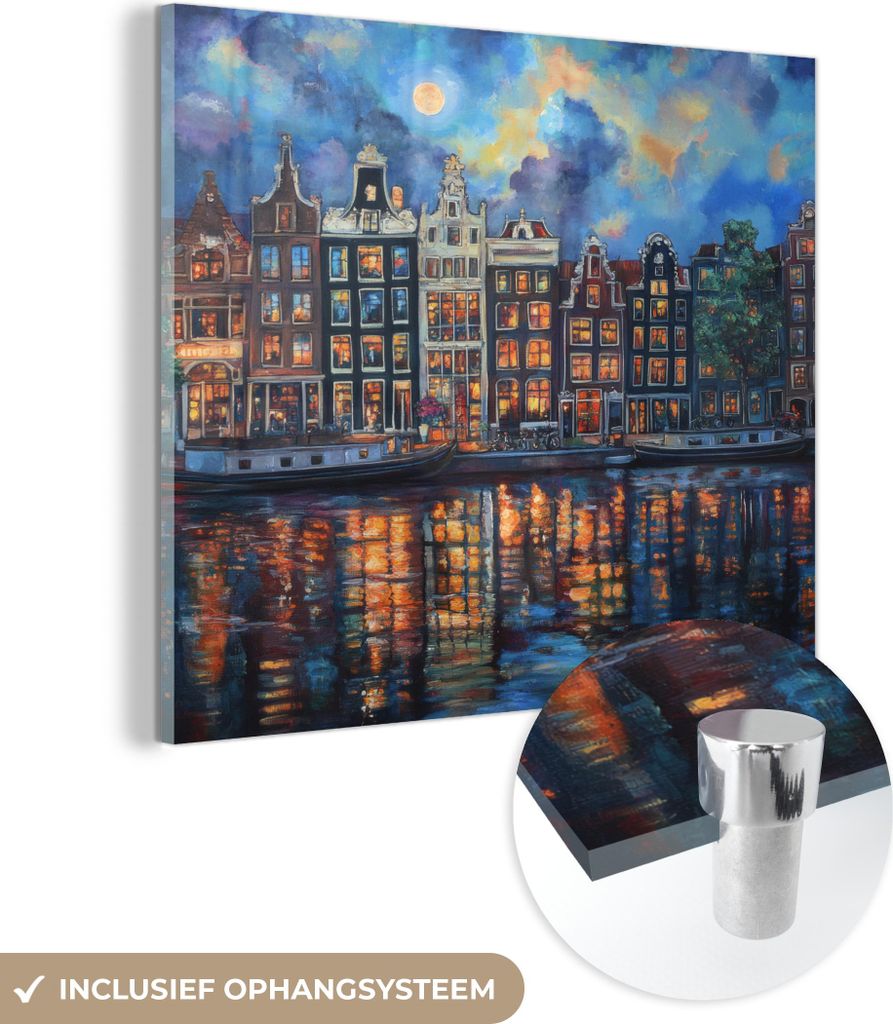 MuchoWow Glasbilder - Bilder auf Wandbild - Foto auf Glas Grachten Amsterdam - Häuser - Stadt - Farbenfroh 40x40 cm Wanddekoration aus Glas - Acry...