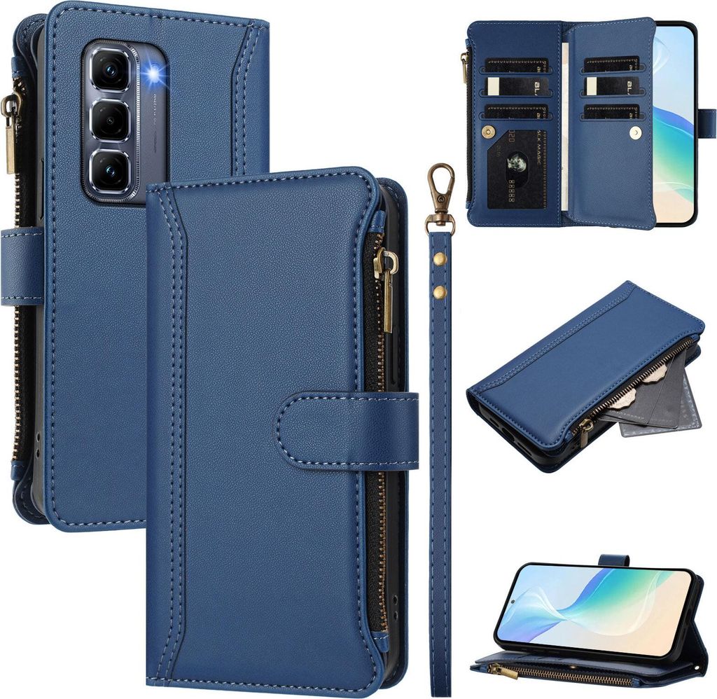 Handyhülle für Infinix Hot 50 Pro+ 4G Reißverschluss Geldbörse Kunstleder Klapphülle mit Kartensteckplatz, Ständer, Handschlaufe Dunkelblau