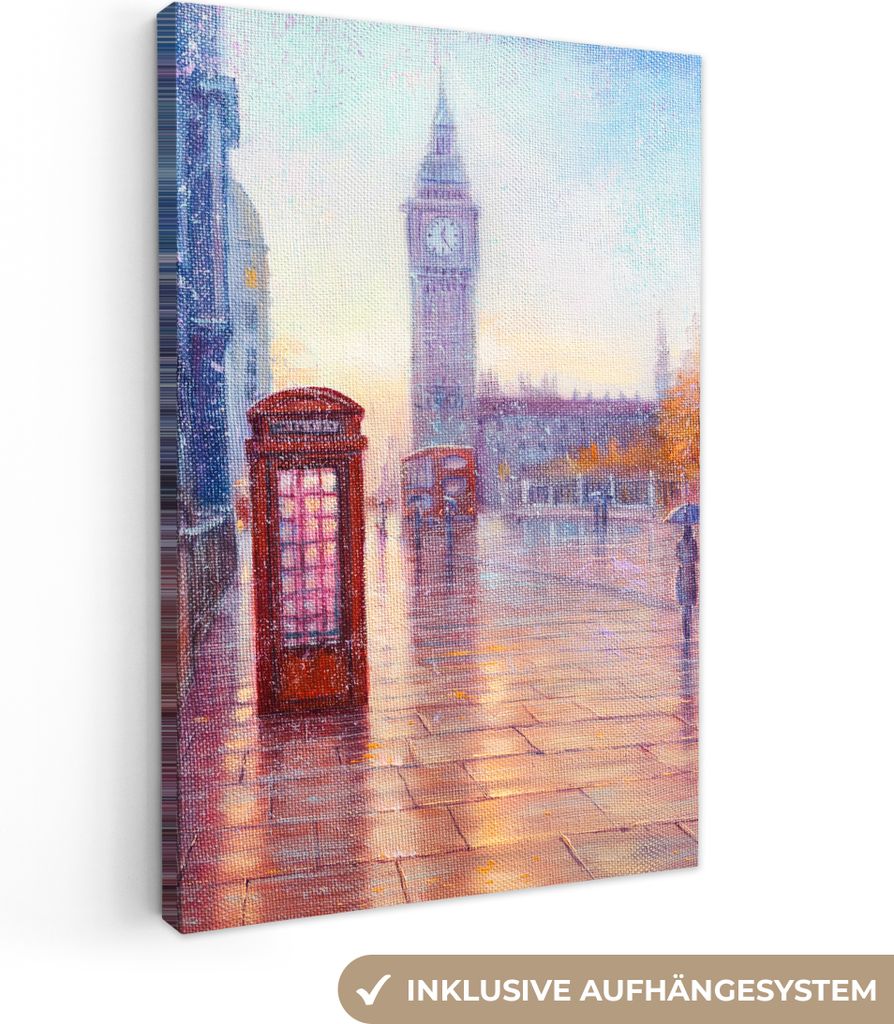 MuchoWow - Leinwandbilder - Malerei - Ölgemälde - London - Telefon, Wandbild, Wanddeko Bilder Wohnzimmer, 40x60 cm