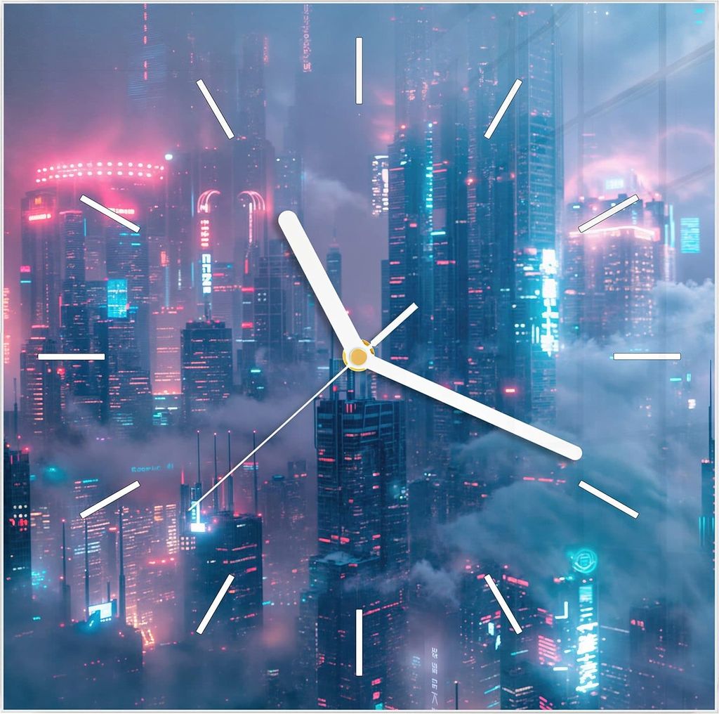 Wanduhr aus Glas mit Motiv Futuristische Stadt- 30 x 30 cm - inkl. Aufhängesystem