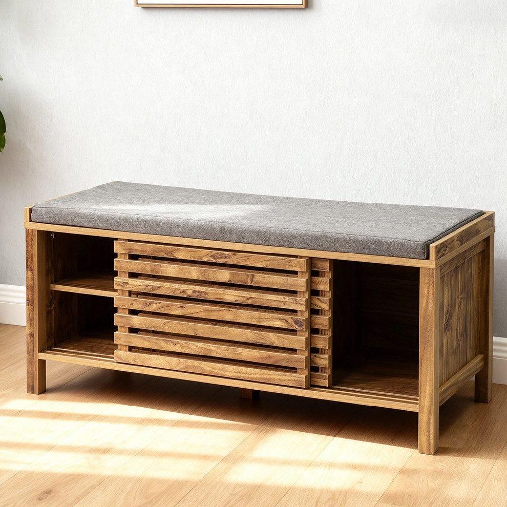 Gitter Schuhbank mit Sitz Eiche Grau Polsterbank MDF PB Papierfurnier Stabil Bequem Modern Flur Sitzbank Stauraum 1124x435x510mm