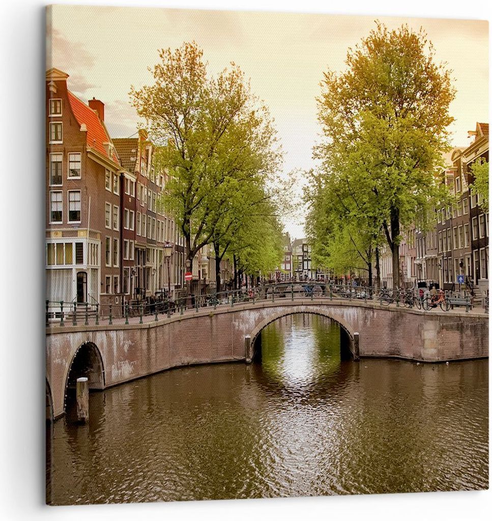 Bild auf Leinwand - Leinwandbild - Kanal Wasser Amsterdam Fahrrad - 50x50cm - Wand Bild - Wanddeko - Leinwanddruck - Bilder - Kunstdruck - Wanddeko...