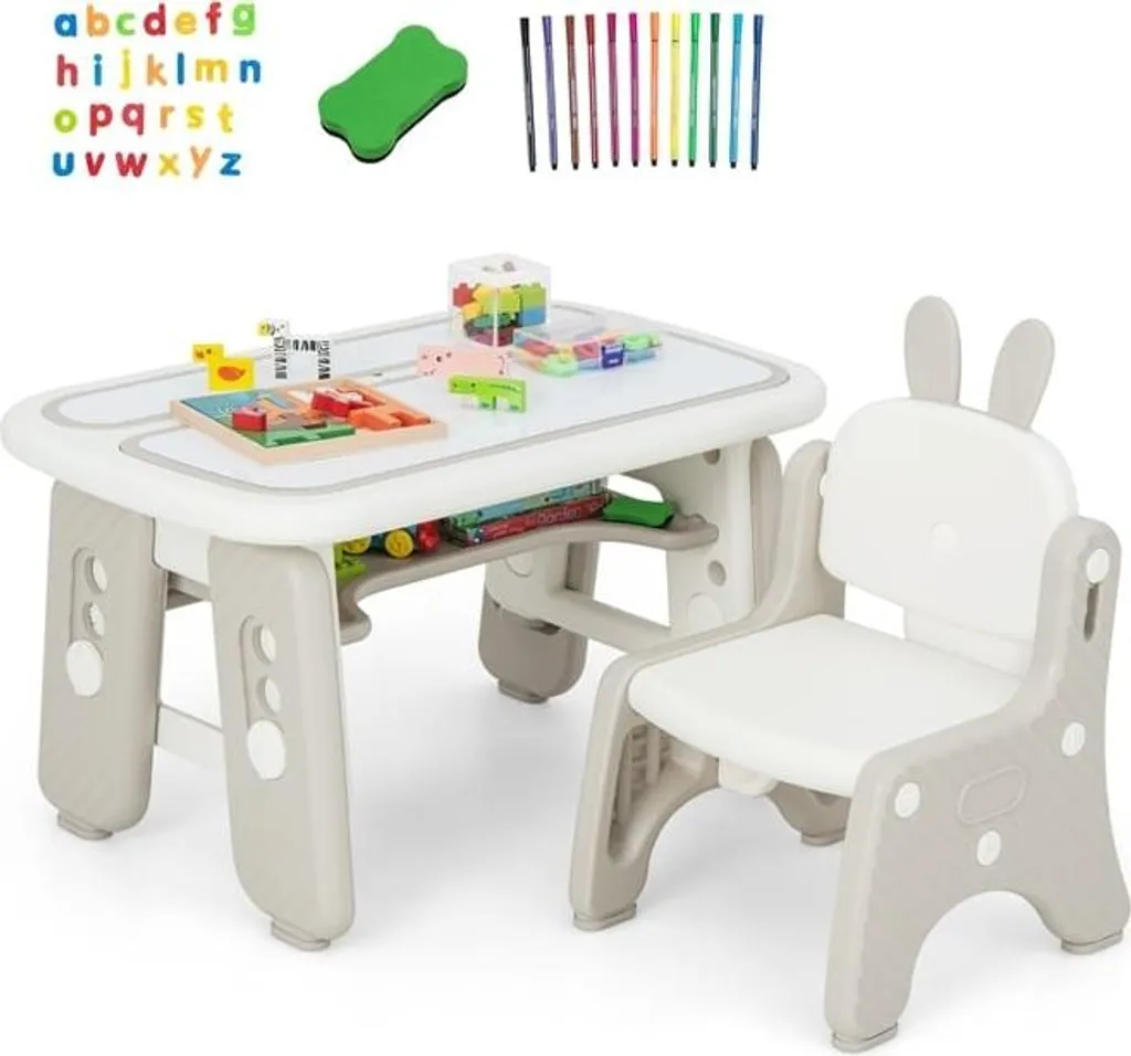 Mobilier chambre enfant : table et chaises grises avec coffre à livres