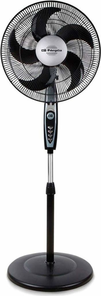 A black standing fan with a silver center and control panel, shown against a white background.