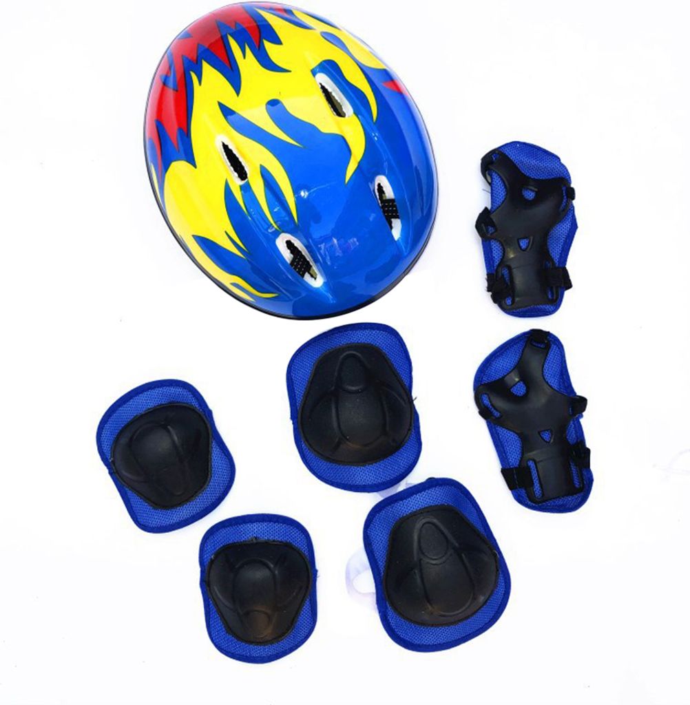 7Pcs Kinder Fahrrad Radfahren Skating Helm Knie Ellbogen Handgelenk Schutz Schutzpolster Blau
