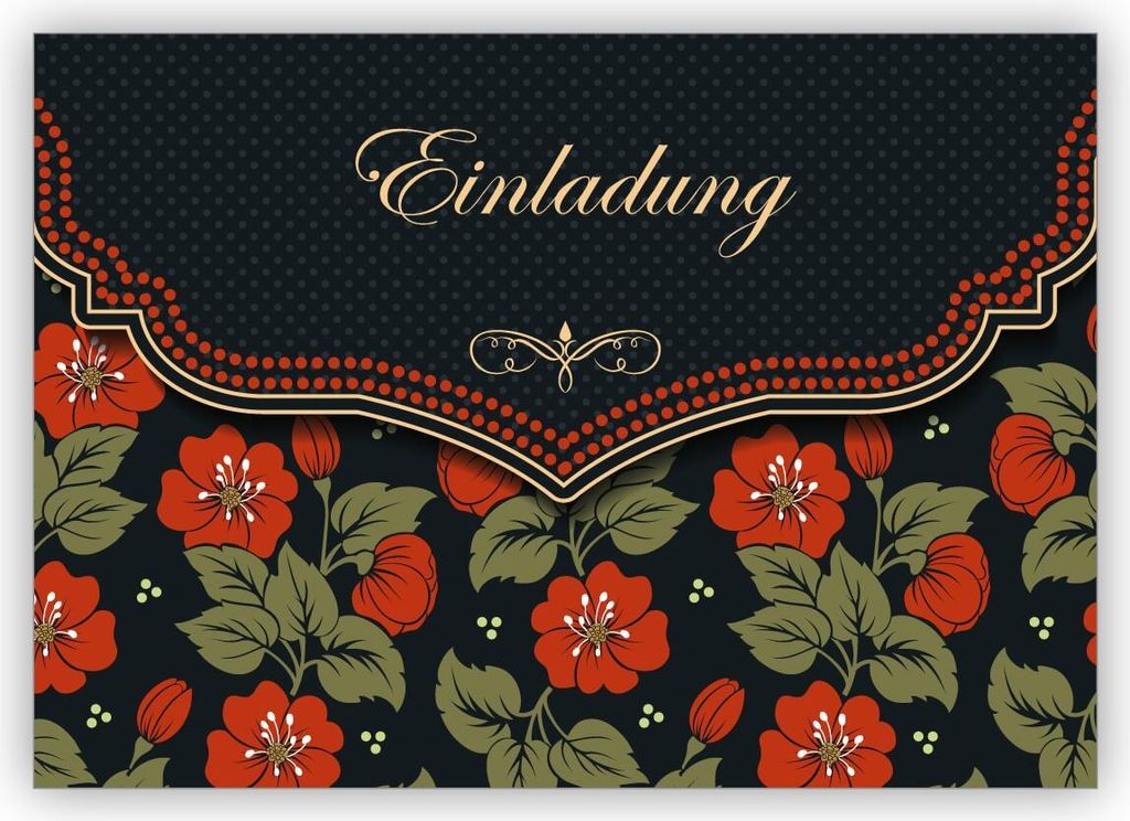 4x Schicke Einladungskarte mit schönem Blumen Muster in orange schwarz zur Hochzeit, Taufe, Diner etc: Einladung