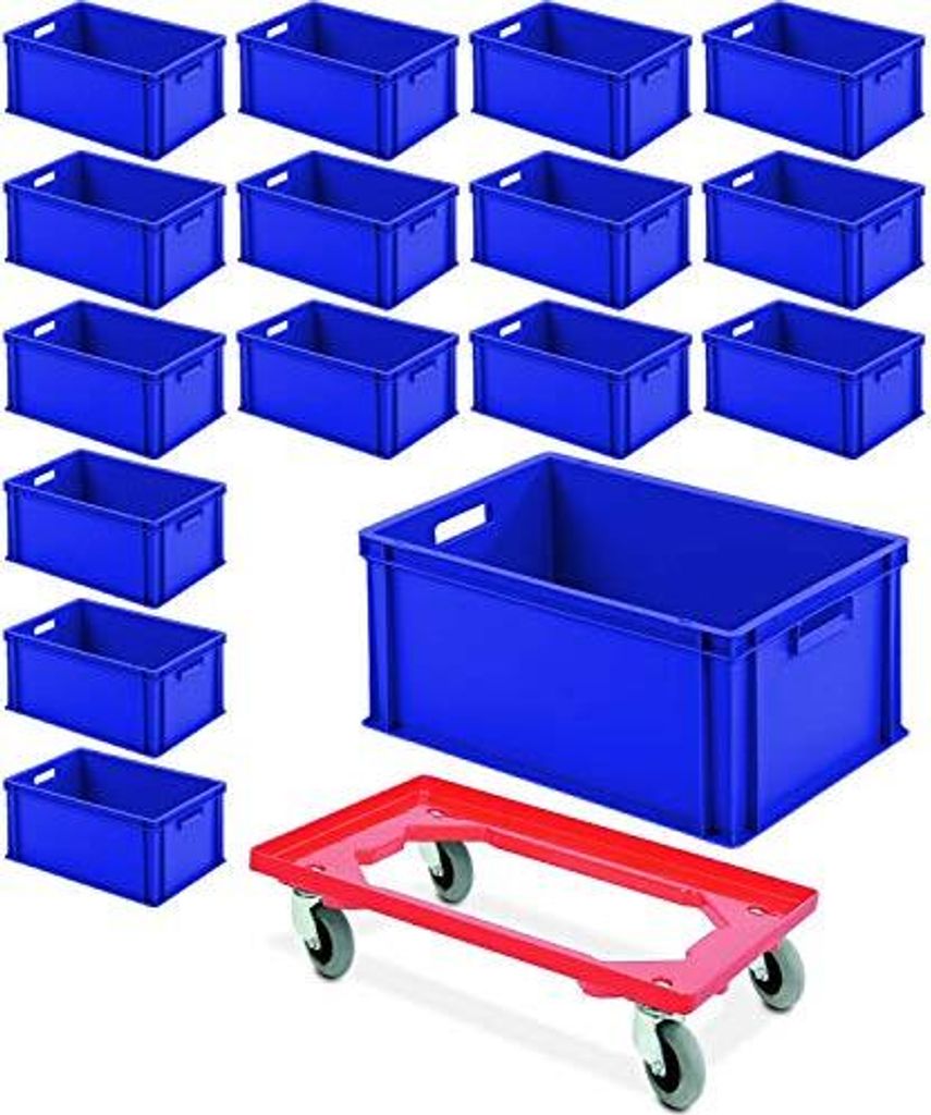 16x Eurobehälter mit 2 Durchfassgriffen, 600x400x280 mm, blau PLUS GRATIS Transportroller mit Flüsterrollen
