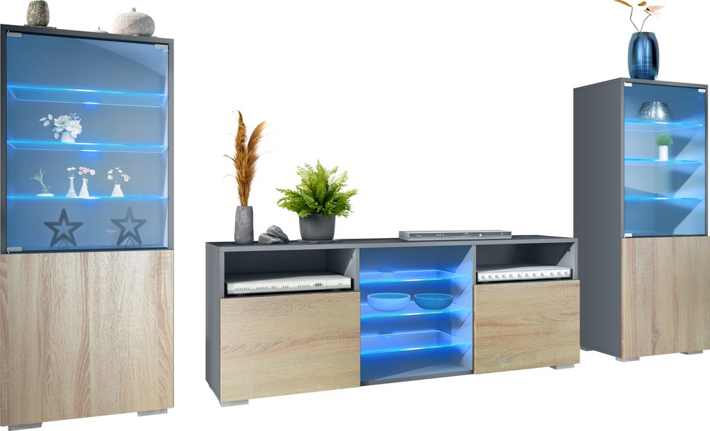 Vladon Wohnwand Granada, Anbauwand bestehend aus 2 Vitrinen und 1 TV-Board, Anthrazit matt/Eiche sägerau inkl. LED-Beleuchtung (286 x 122,5 x 35 cm)