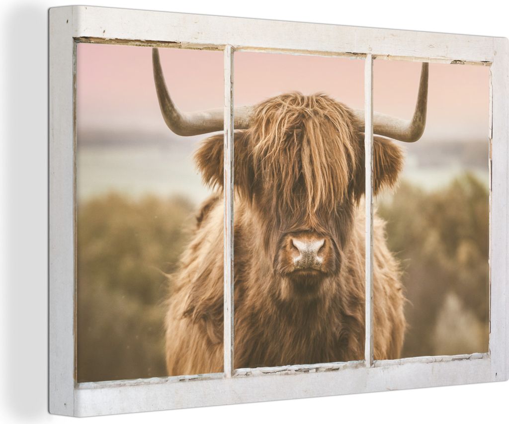 OneMillionCanvasses - Leinwandbilder - 150x100 cm, Schottisches Hochlandrind - Blick - Meer, - Geöffnetes Fenster - Fensterblick Hochland Rind -...