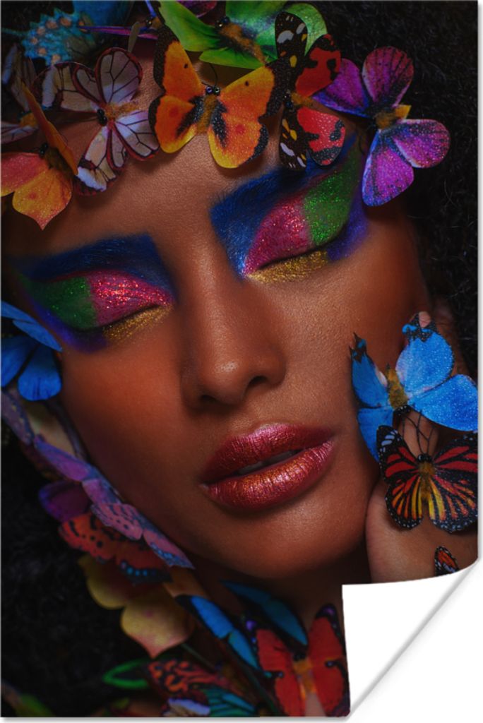 MuchoWow Poster Frau - Schmetterlinge - Regenbogen 60x90 cm - Wanddekoration