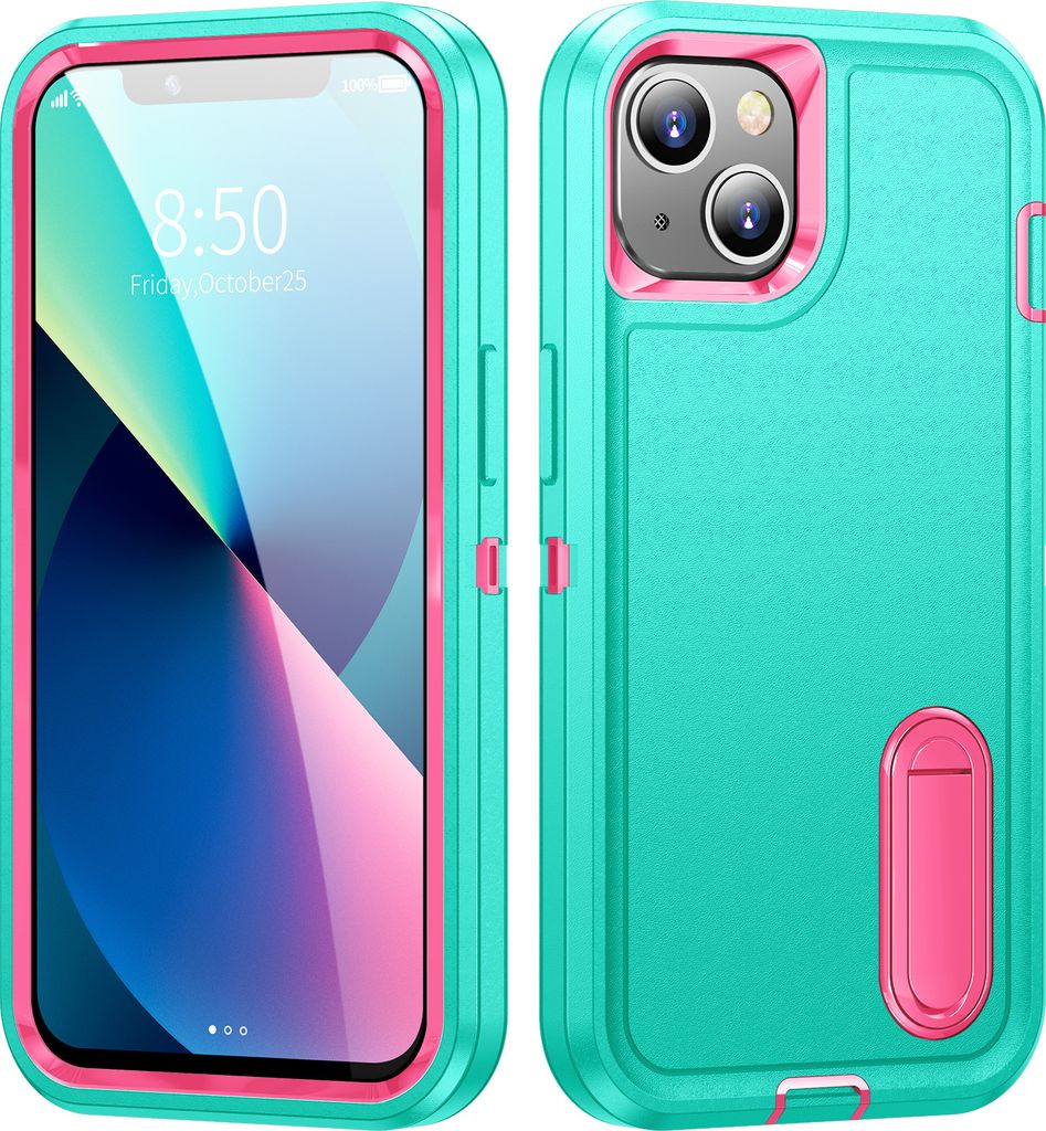 Hülle für iPhone 13 /iPhone 14 Hybrid Dreilagige Robust Stoßfest Schwerlast Schutzhülle mit Ständer Türkis