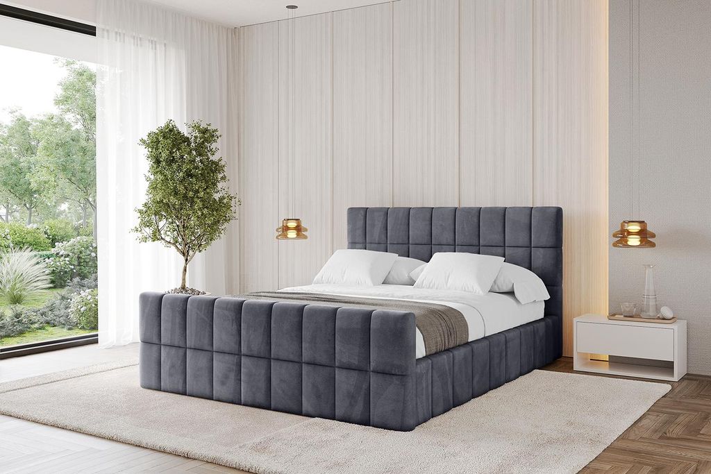 ALTDECOR Polsterbett mit Bettkasten - AMEA-Z 160x200 Dunkelgrau - Bett mit Matratze H3/H4, Kopfteil und Fußteil, Boxbett, Doppelbett mit Stauraum
