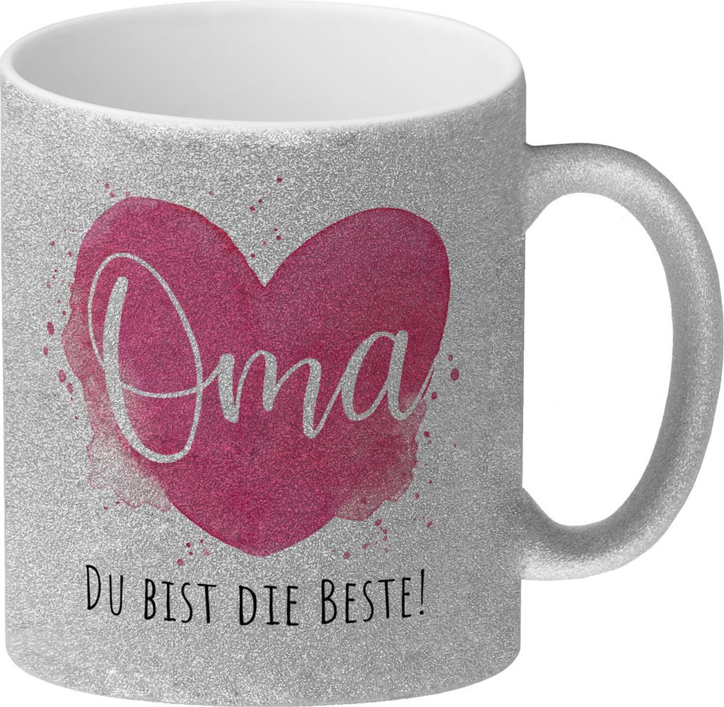 Beste Oma Glitzer-Kaffeebecher mit Spruch Oma Du bist die Beste