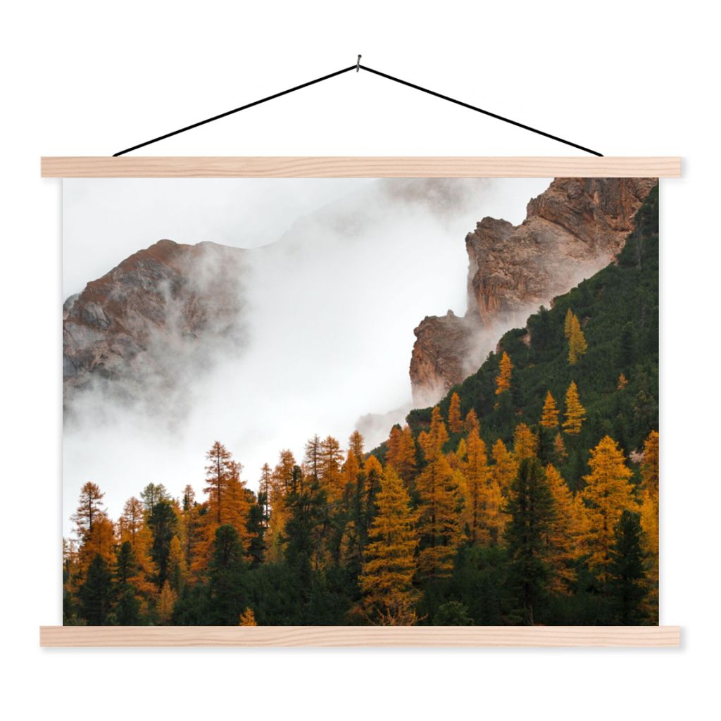 MuchoWow Textilposter Kiefer - Herbst - Berg - Landschaft 120x90 cm mit holzfarbenen Rahmen - Magnetisch