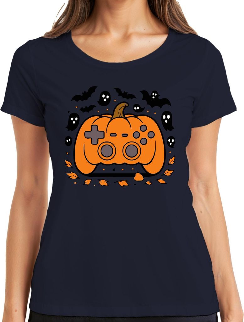 Halloween Kürbis Controller Gamer Geschenk Geister Herbst Zocker Damen T-Shirt, Navy, XXL