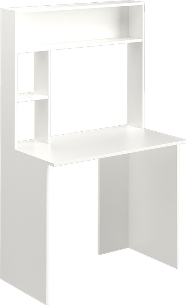 A white desk with an overhead shelf and cubbies, isolated on a white background.