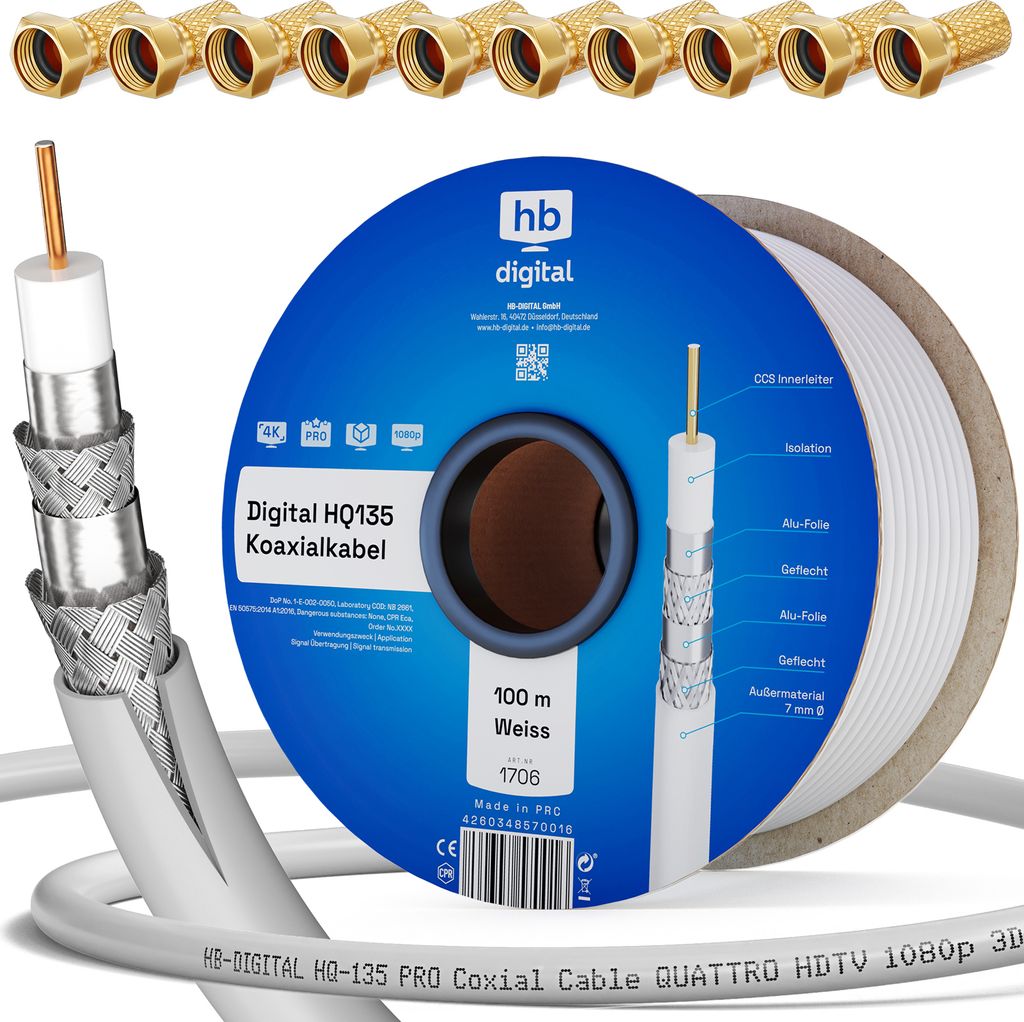 hb-digital 100m Koaxialkabel HQ 135dB 4-Fach geschirmt Stahl Kupfer weiß + 10 F-Stecker