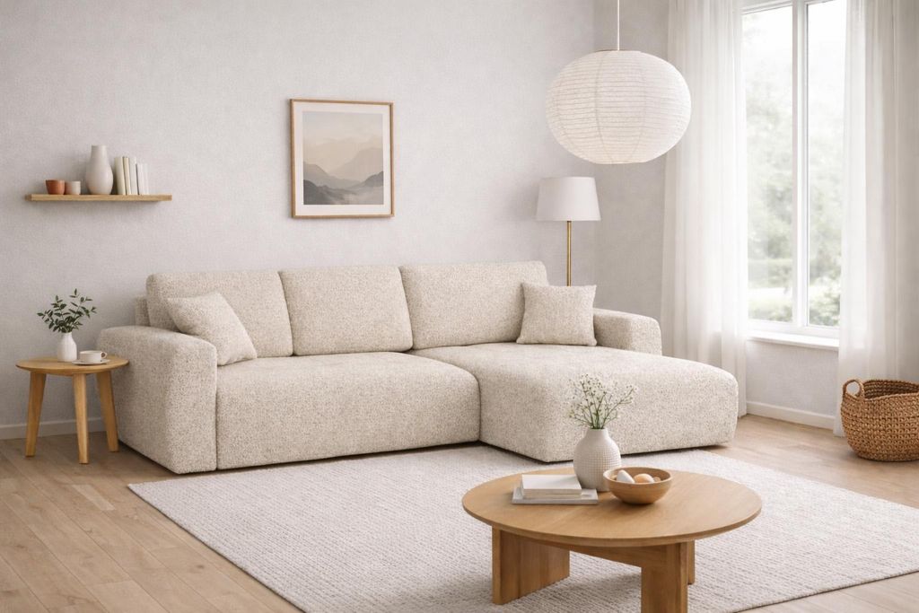 Kaiser Möbel Ecksofa mit Schlaffunktion und Bettkasten L-Form Ivo XL, Chenille-Stoff Artico, Nata, Rechts