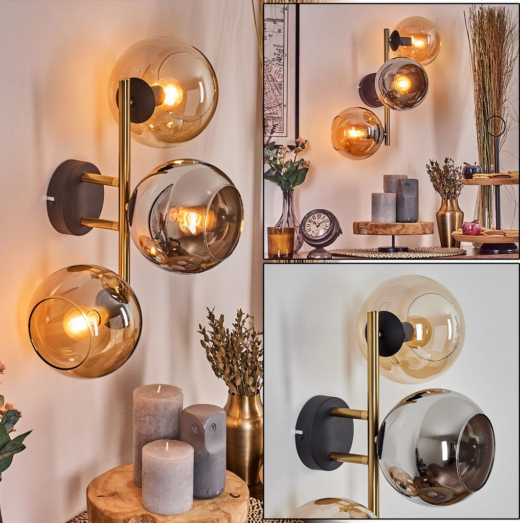 Cesaro Wandlampe aus Metall/Glas in Schwarz/Gold/Bernstein/Chrom/Rauch