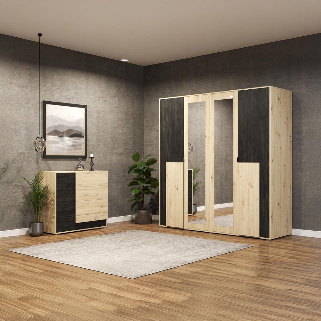 A bedroom scene with a wardrobe and a dresser.
