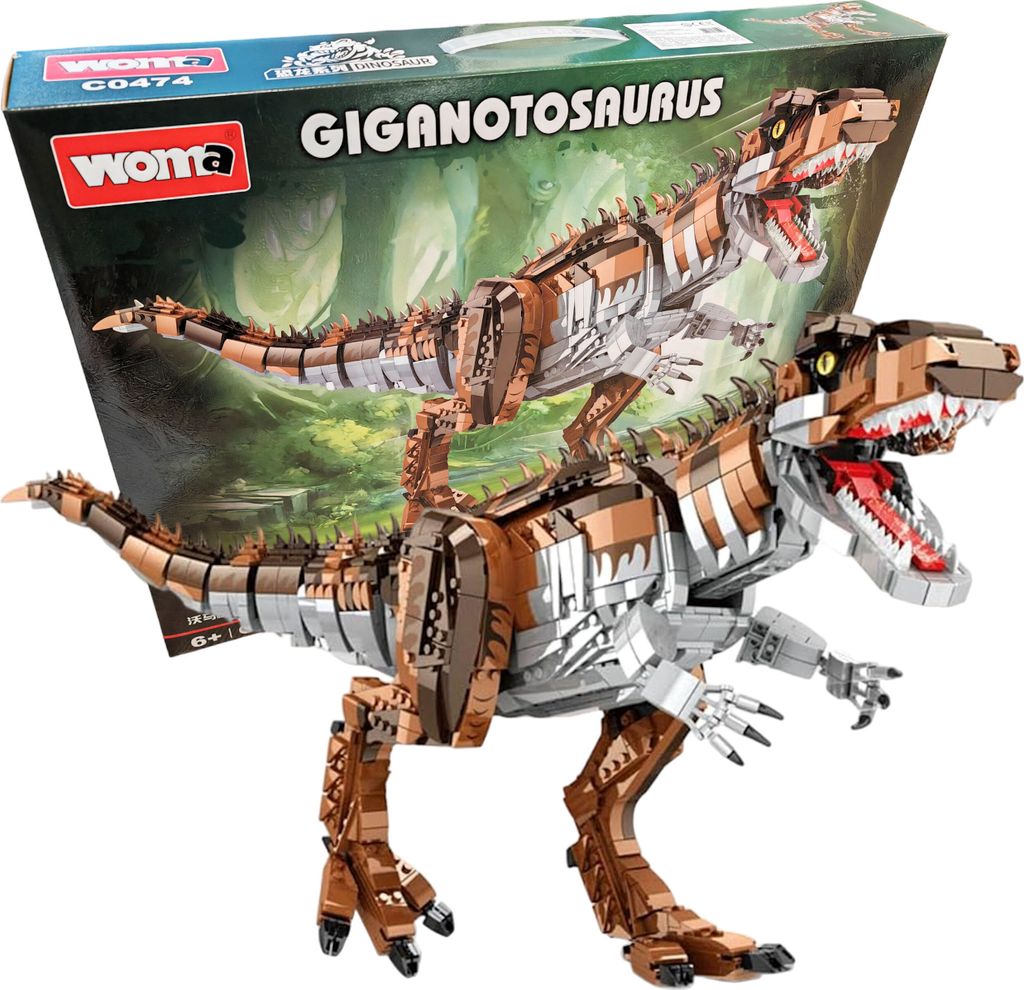 A toy building block set of two Giganotosaurus dinosaurs, with the product box in the background.