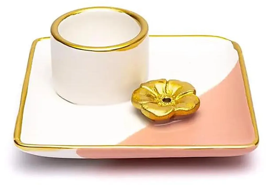 Brûle-encens et tache en céramique fleur rose blanc et or 12x12x5 cm