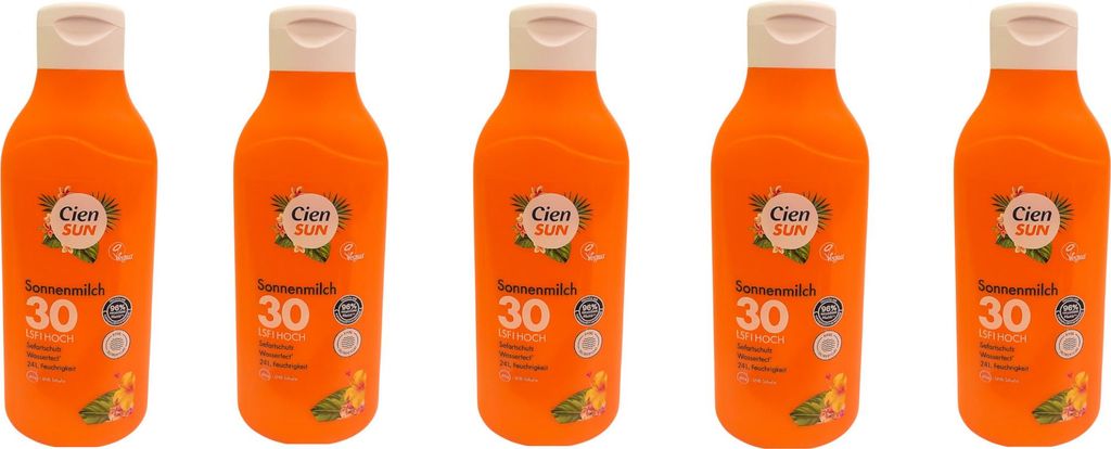 Cien Sun Sonnenmilch LSF 30 500ml Wasserfest Sofortschutz Vegan UVA+ UVB Schutz 5 Stück