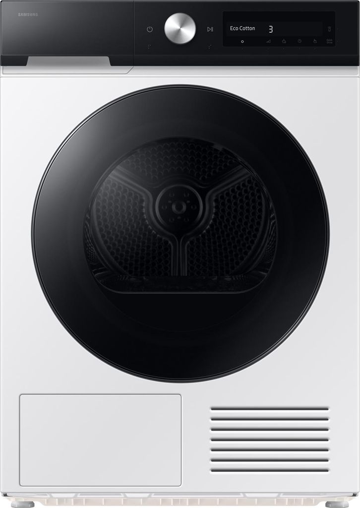 A front view of a white Samsung dryer with a black door and control panel.