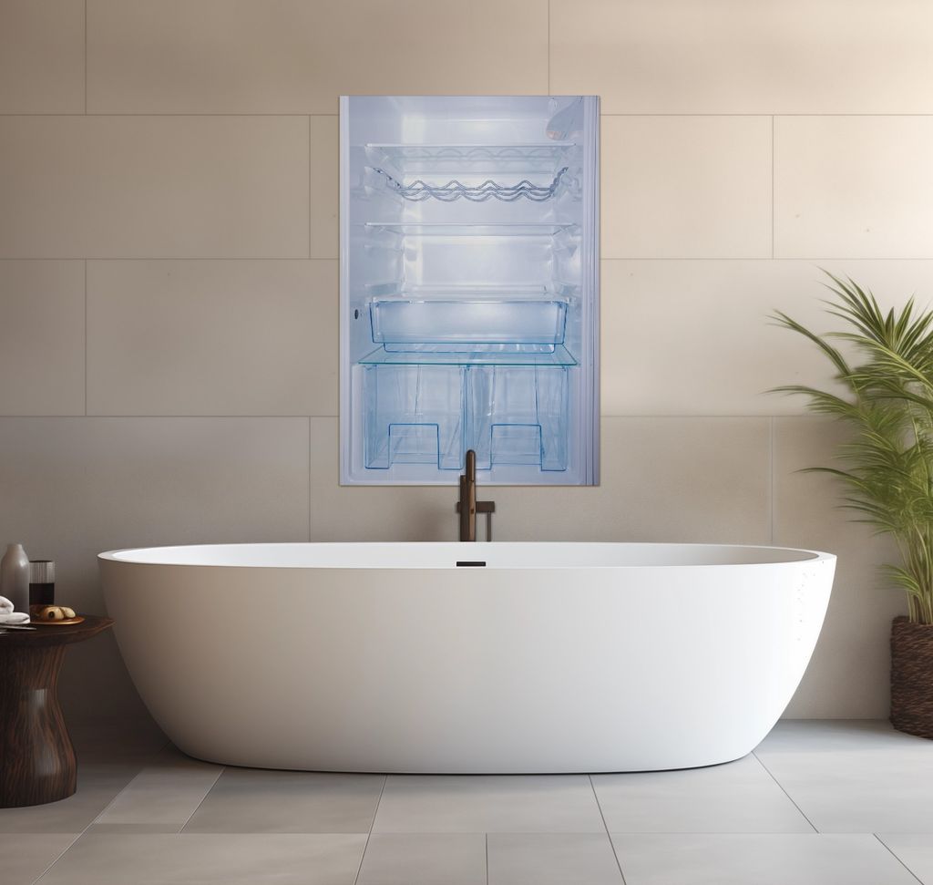 Wallario wasserfestes Poster selbstklebend 91,50 x 61 cm, Leerer Kühlschrank - offene Leere ohne Inhalt, Badezimmerposter Spritzschutz mit Hochgla...