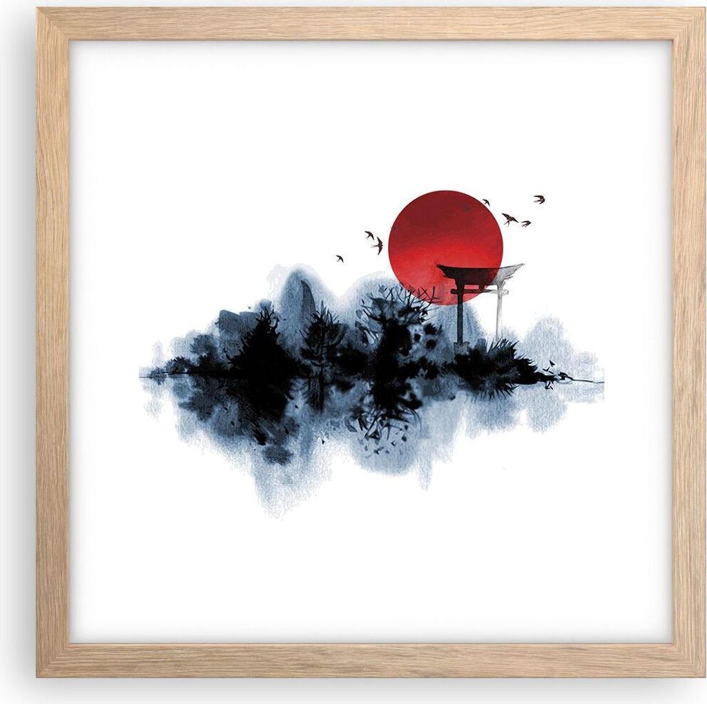 Gerahmtes Poster - Rahmen in heller Eiche - Rot Sonne Tor - 30x30 cm - Wand Bild - Wanddeko - Wandbilder - Kunstposter - Wandposter - Bilderrahmen ...