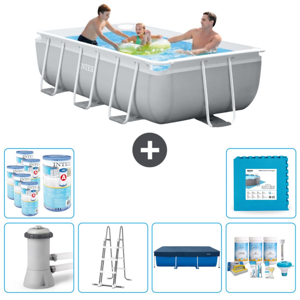 Intex Rechteckiges Prisma-Rahmen-Schwimmbecken – 300 x 175 x 80 cm – Grau – inklusive Pumpe – Leiter Abdeckung - Wartungspaket - Filter - B...