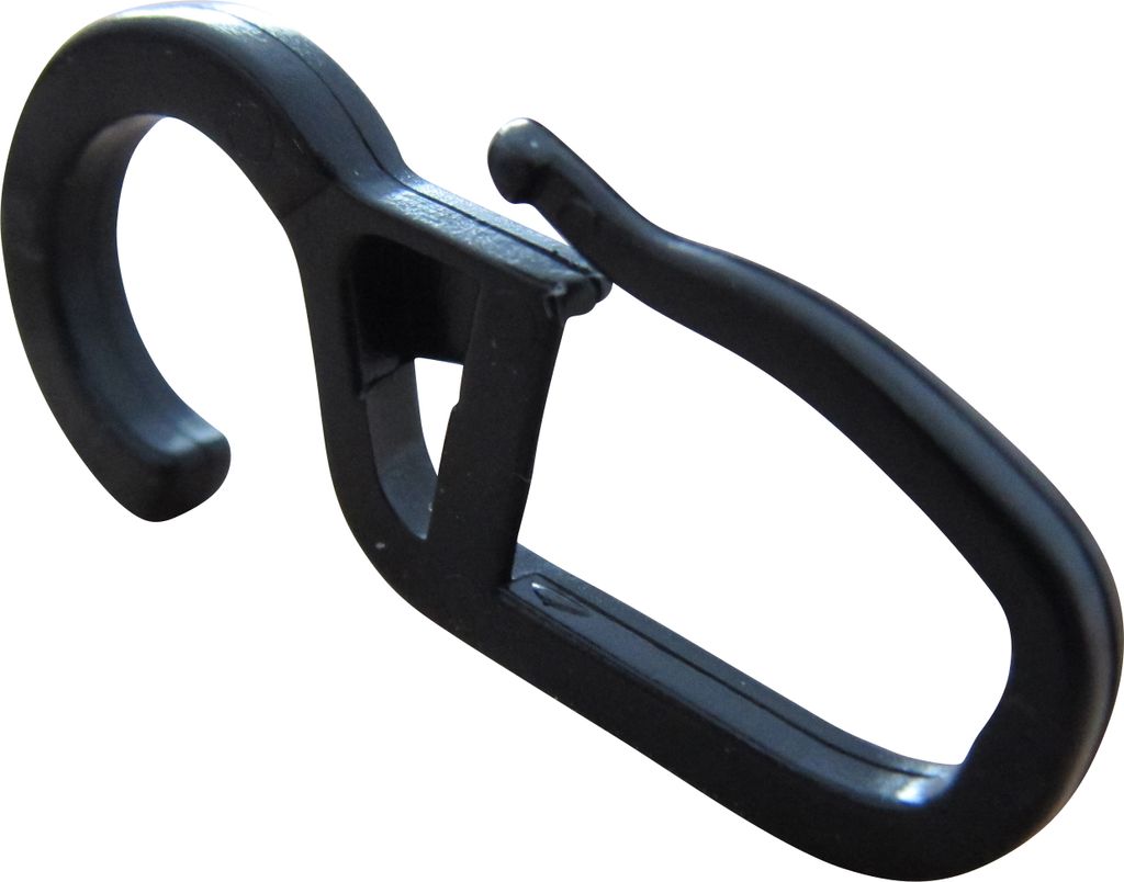 A black plastic curtain hook is shown against a white background.
