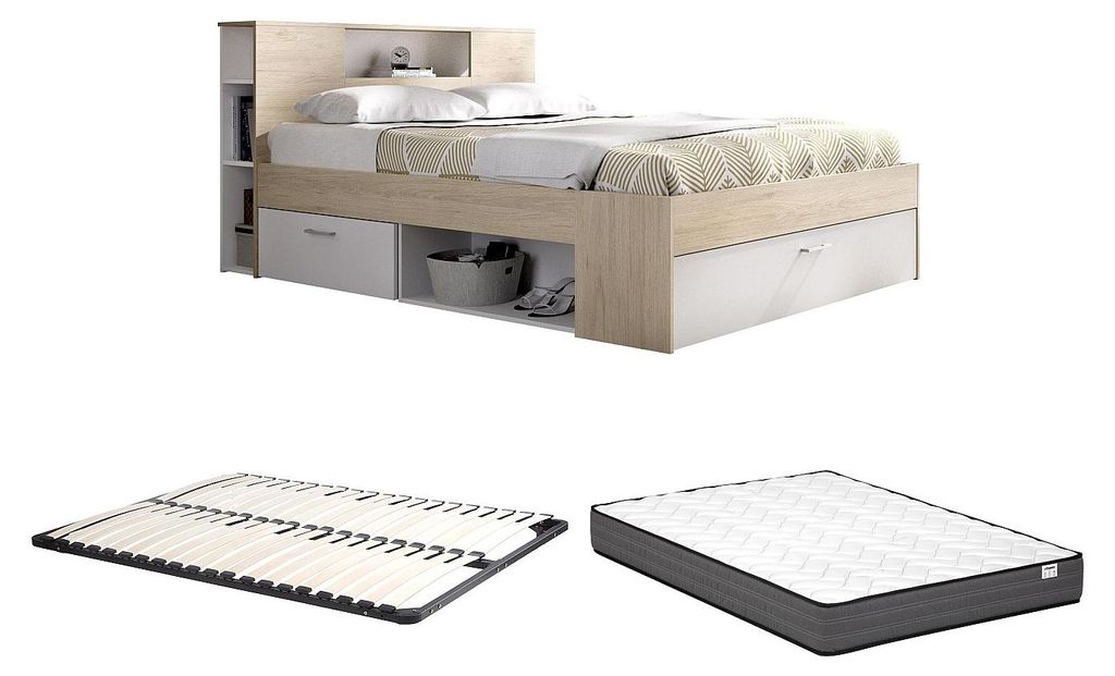 Bett mit Kommode und Schubladen - 140 x 190 cm - Farben: natur und weiß + Rahmen + Matratze - LEANDRE