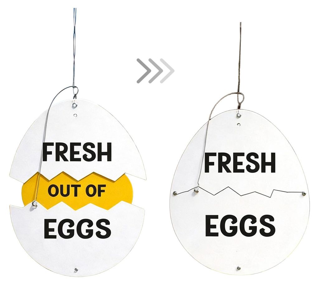 Schild „Frische Eier vom Bauernhof“: Holzschild in Form einer zerbrochenen Eierschale mit dem Aufdruck „Frisch/Eier/t“. Lustige Dekoration ...