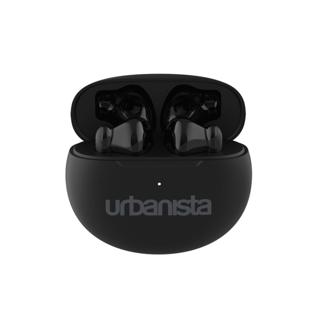 A pair of black Urbanista wireless earbuds in their charging case, with the lid open.
