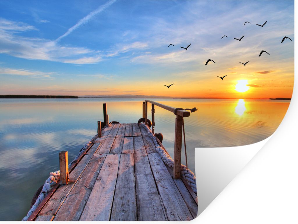 MuchoWow Wandtattoo Wandsticker Wandaufkleber Wasser - Steg - Vögel - Sonnenuntergang - Horizont 80x60 cm Selbstklebend und Repositionierbar - F...