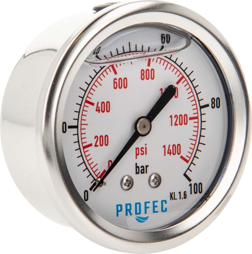 Profec Manometer 0 - 100 bar, Glyzeringefüllt, Ø 63 mm, 1/4 Zoll Anschluss nach hinten Axial, Überdruck-Manometer