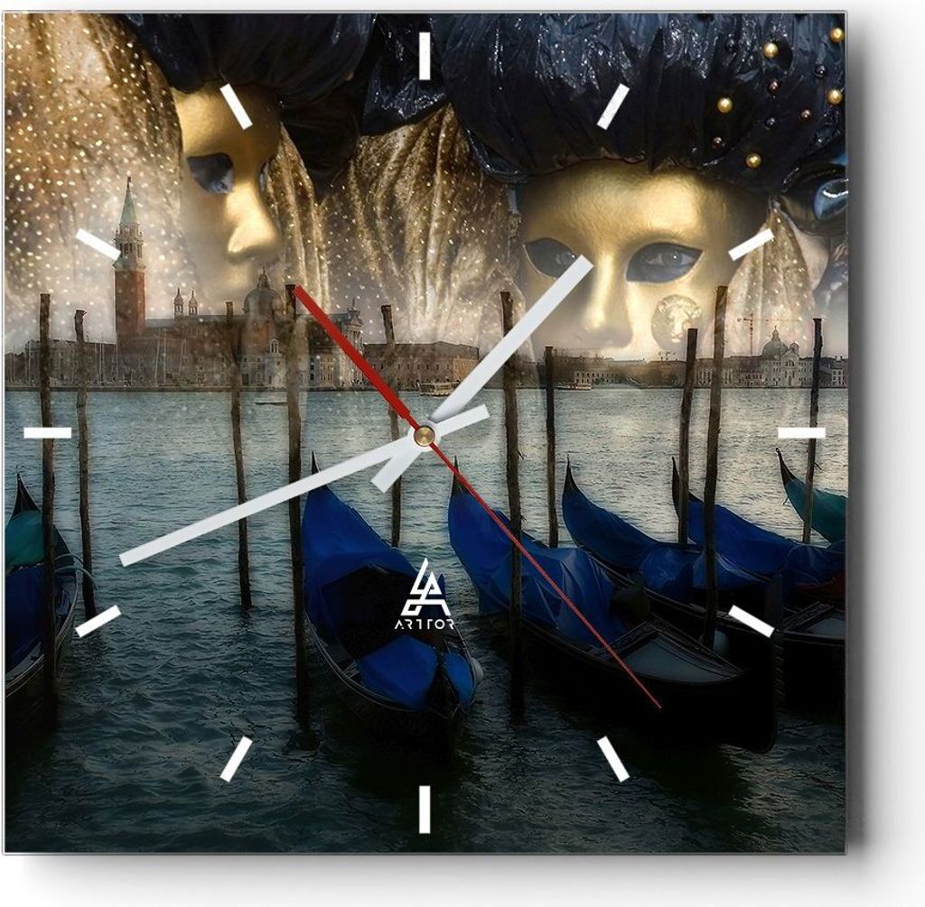 Wanduhr - Quadrat - Glasuhr - Gondel Wasser Kanal - 30x30cm - Schleichendes Uhrwerk - Lautlos - zum Aufhängen bereit - Dekoration Modern - Wanddek...
