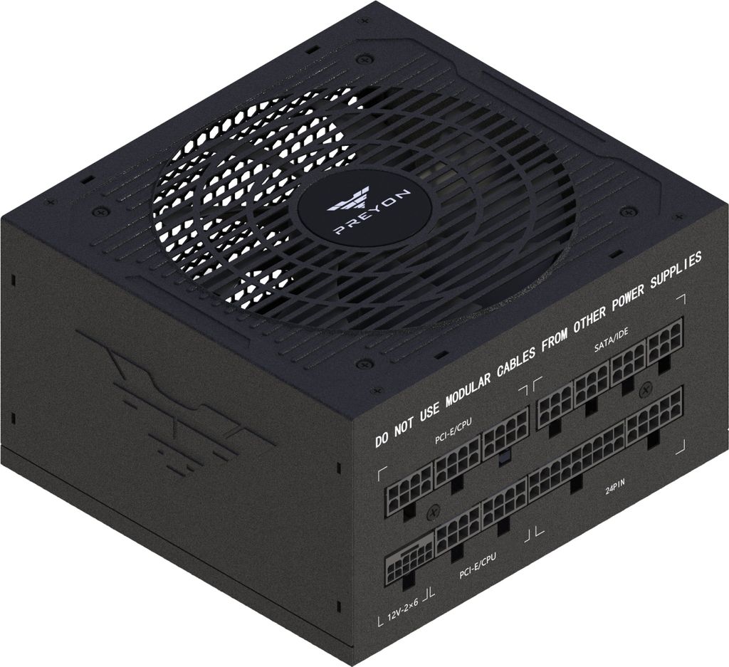 A 3D isometric view of a black computer power supply unit.