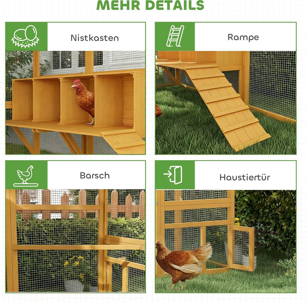 Produktbild von PawHut Hühnerstall 5,2 M² – 2,8x1,8x1,9 M, Begehbar, Mit 4 Nistkästen, Rampe, Dach, Für 8–12 Hühner