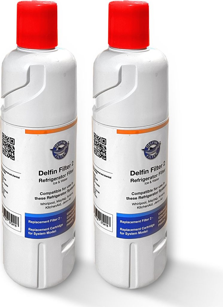 Two white refrigerator water filters with red caps, side-by-side against a white background.