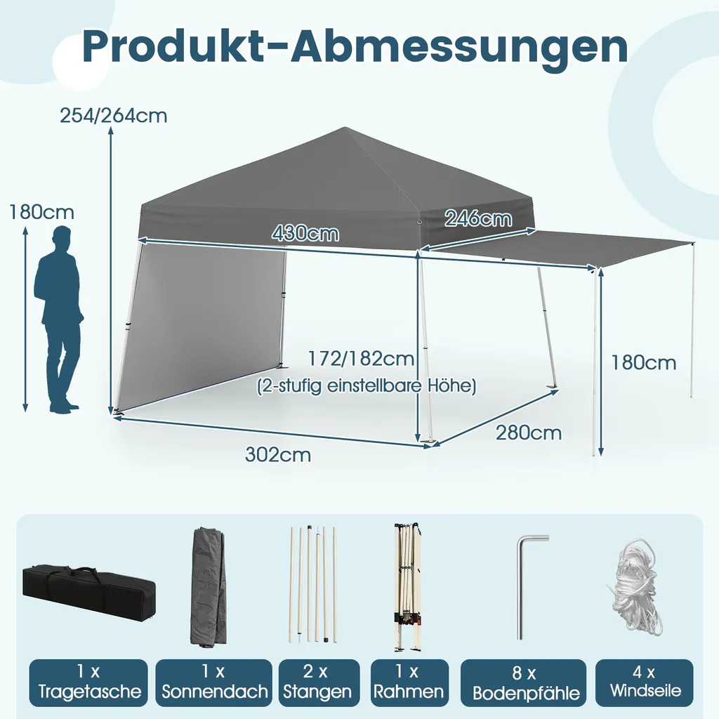 COSTWAY padiglione pop-up 430x280cm con 2 pareti laterali convertibili in tenda da sole, padiglione da giardino portatile, tenda da campeggio, tenda per feste all'aperto grigio - 3
