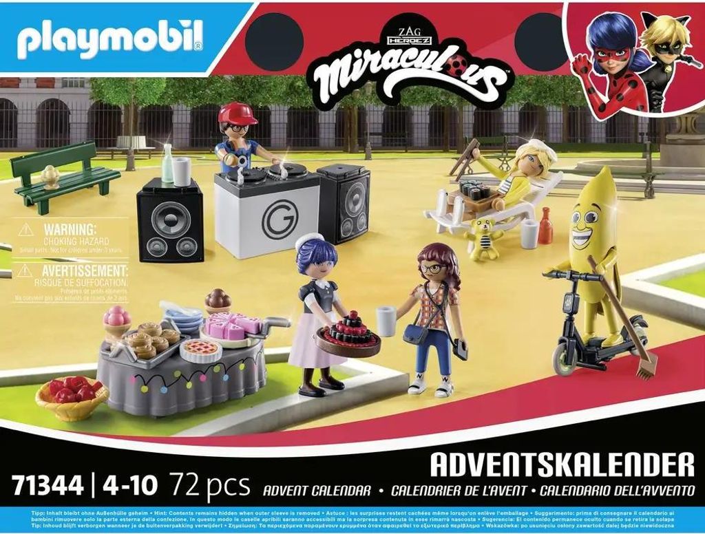 A Playmobil Miraculous Advent Calendar set displayed on a colorful background, showing various figures and accessories.